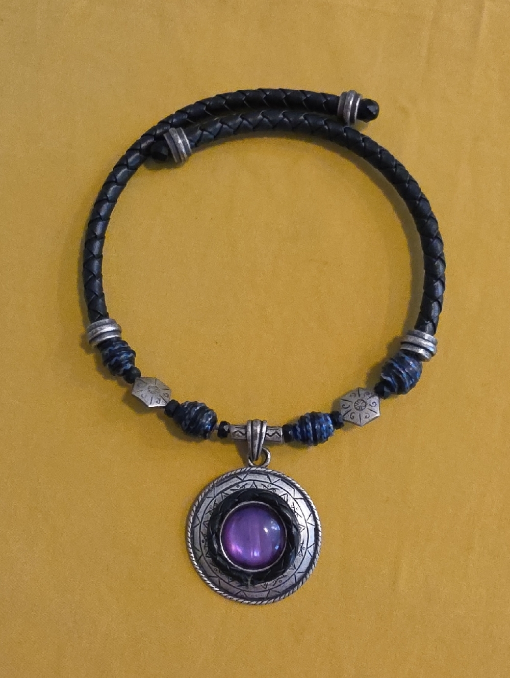 Vintage Chico's Silver-Tone Purple Cabochon Medallion Pendant Collar Necklace